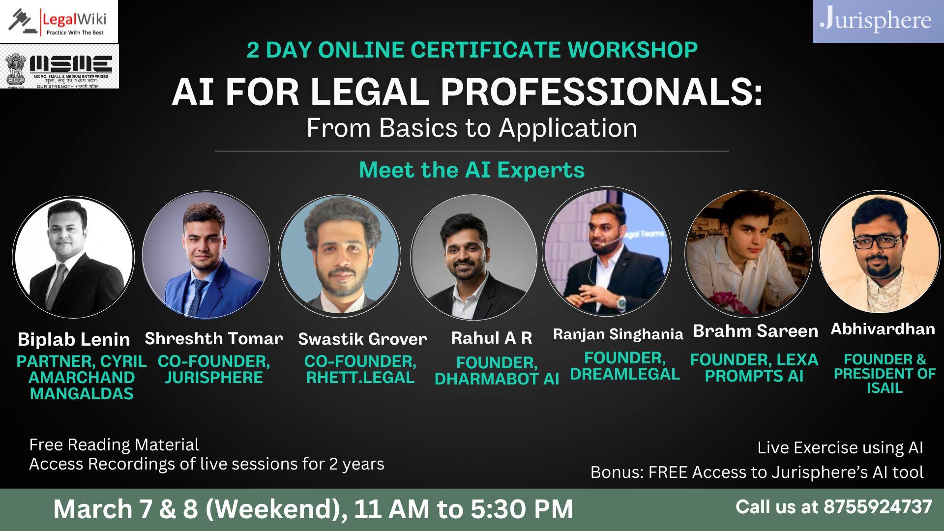 2-Day Online Certificate Workshop on "AI for Legal Professionals: From Basics to Application" |7th & 8th March|